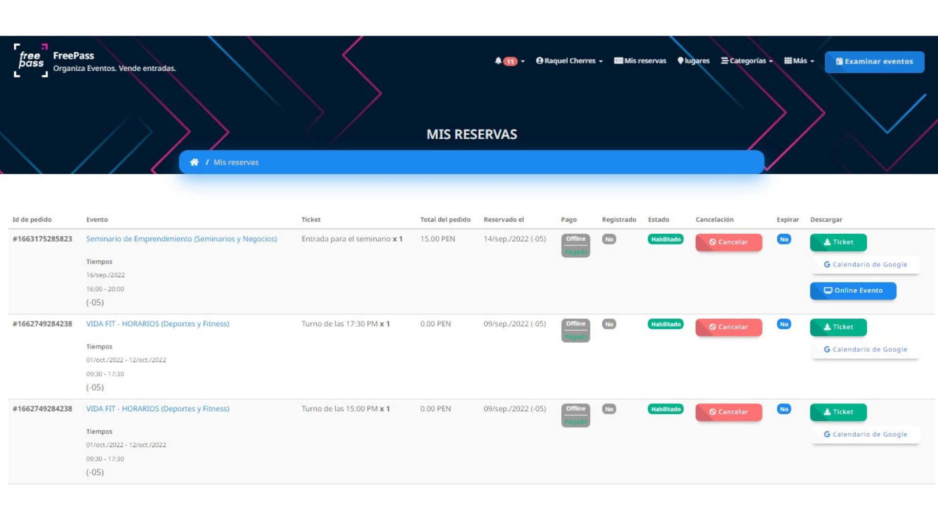 Customer bookings page